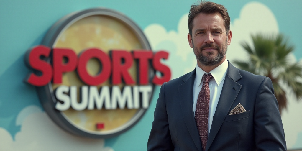 a man standing in front of a sports summit sign wearing a suit and tie and looking at the camera, Ed