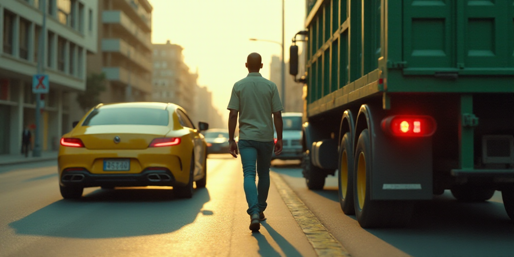 a man walking down a street next to a yellow car and a green truck with a red light on it, Chafik Ch