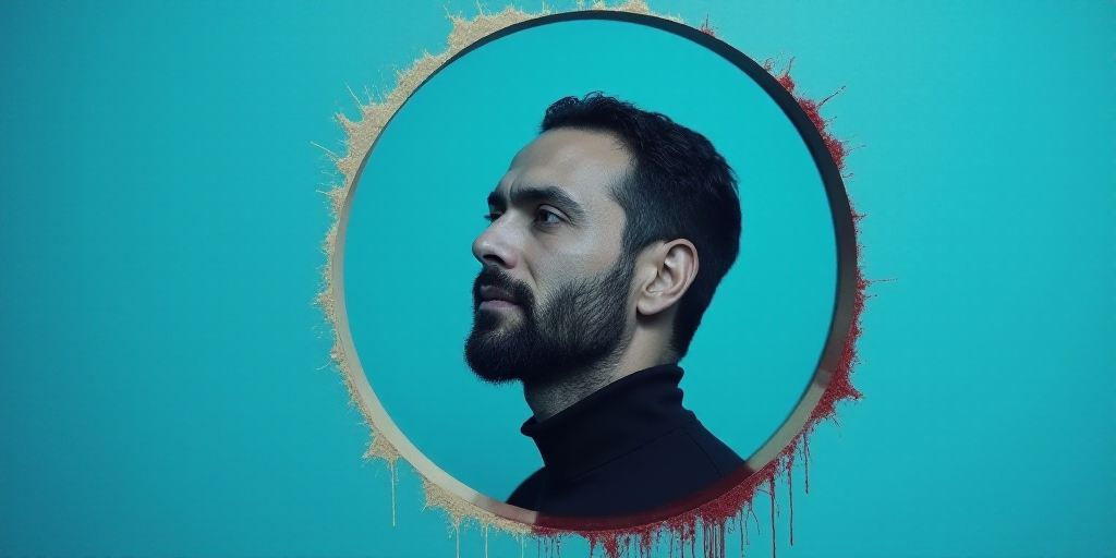 a man with a blue background and a black and white photo of him is featured in a blue circle, Carlos
