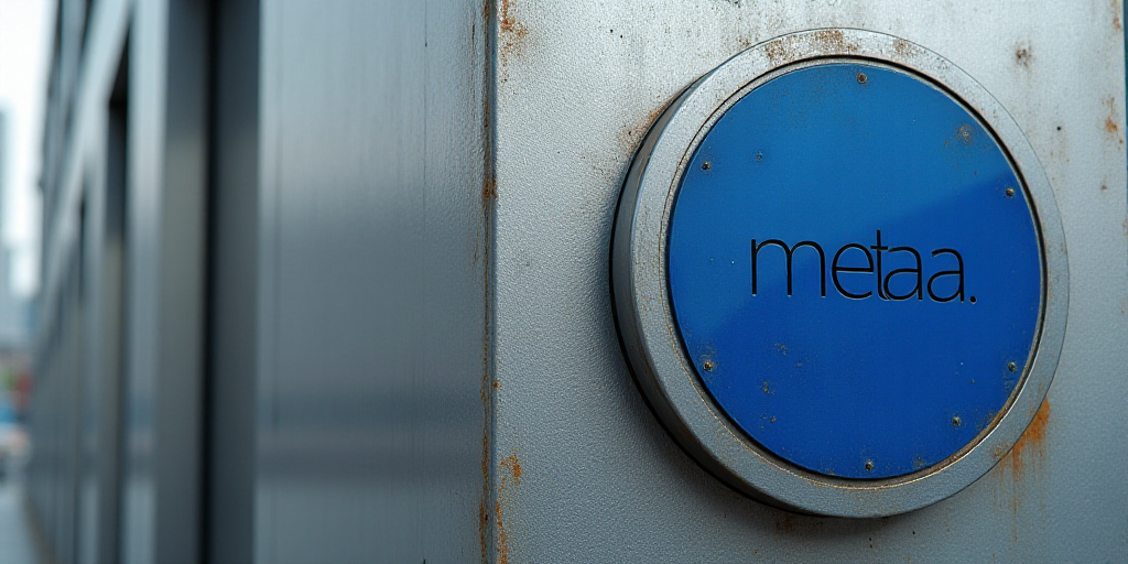 a metal sign with a blue circle on it's side that says metaa on it's side, Ai-Mitsu, weta digital, a