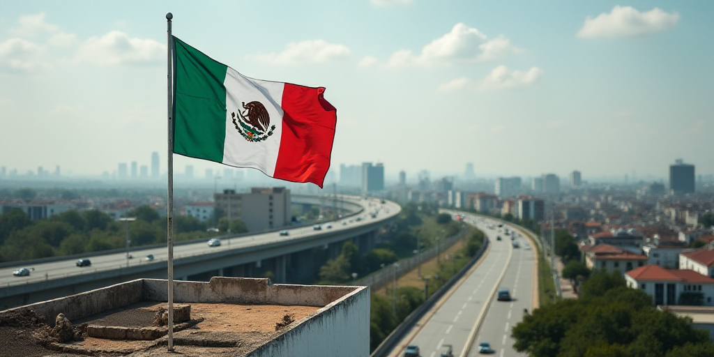 a mexican flag flying on a roof of a building in a city with a freeway and a fenced in area, Aquirax