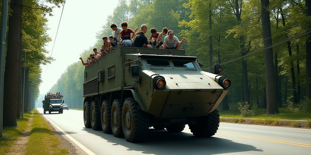 a military vehicle driving down a street next to a forest filled with trees and people on top of it,