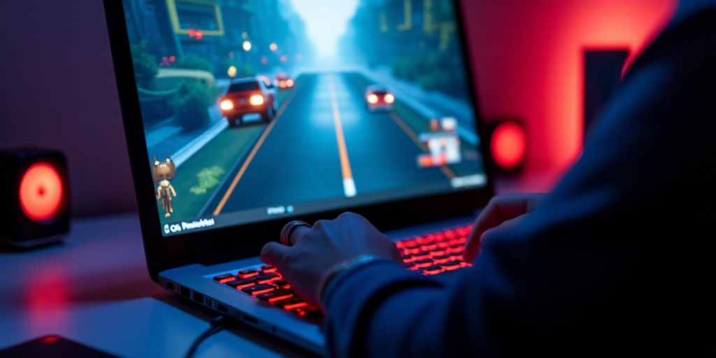 a person is playing a game on a laptop computer with their hands on the keyboard and the screen show
