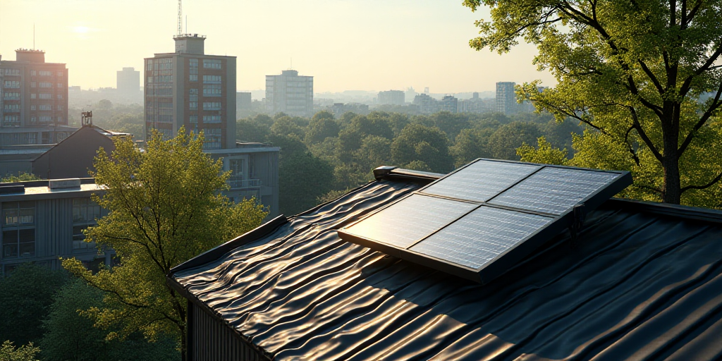 a rooftop with a solar panel on it and trees in the background in a city area with buildings and tre