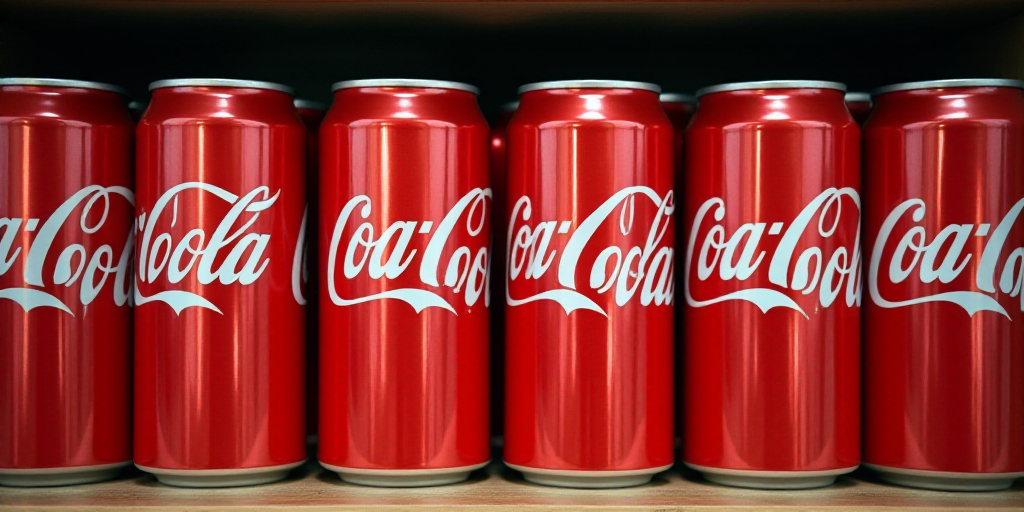 a row of coca - cola cans are shown in a store display case, with red and white colors, Dorothy Coke