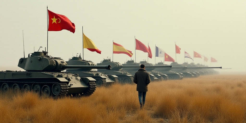 a row of tanks with flags on them in a field with a man standing in front of them and a row of them,
