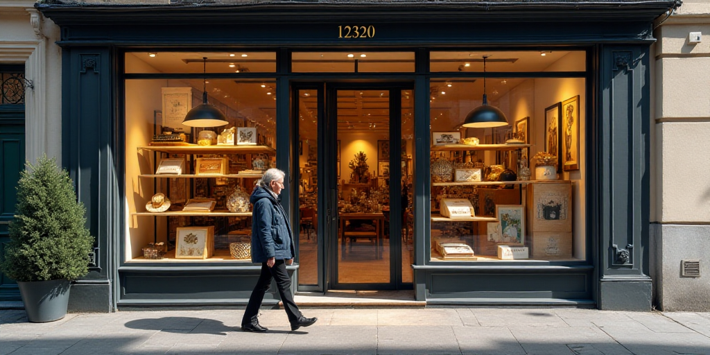 a store front with a lot of items in it's windows and a woman walking by it in front of the store, C