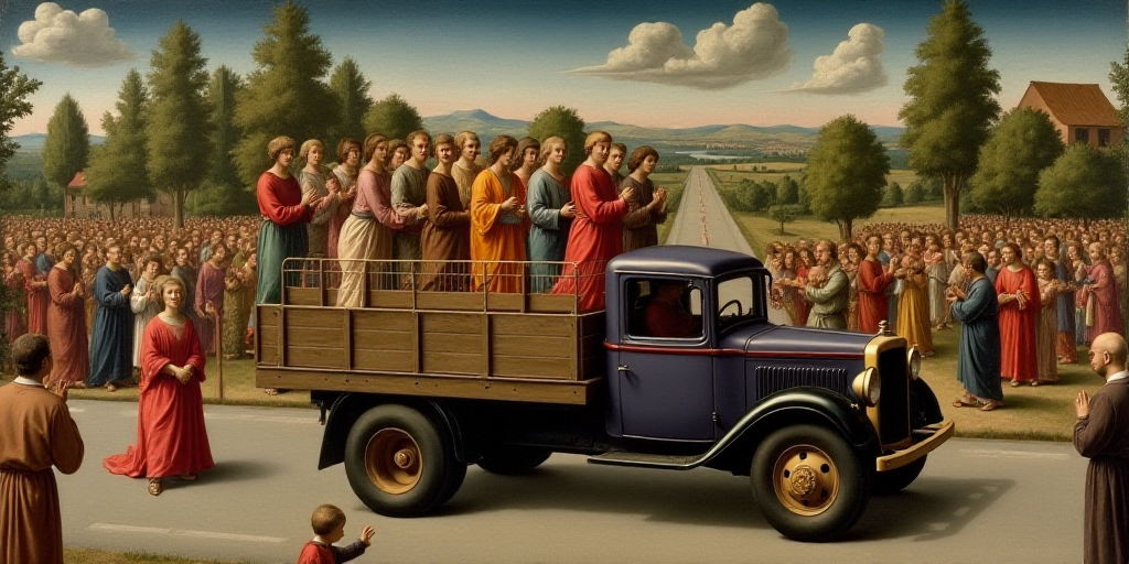 a truck driving down a street with a crowd of people watching it from the back of it's truck, Fra An