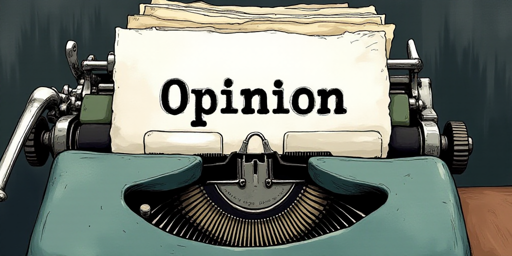 a typewriter with a lot of papers on it and the words opinion written in black and white on the top,
