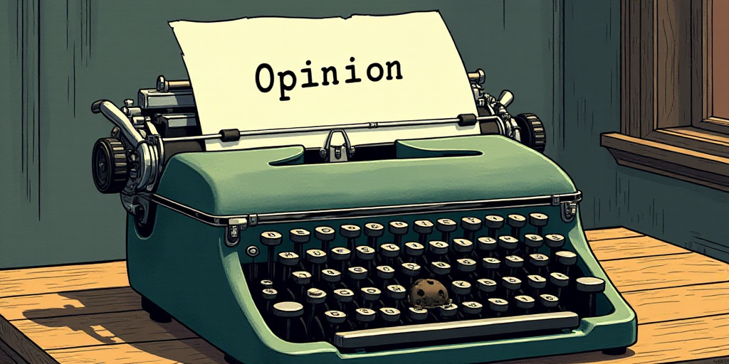 a typewriter with a lot of papers on it and the words opinion written in black and white on the top,