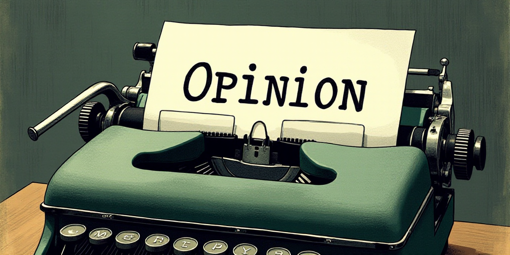a typewriter with a lot of papers on it and the words opinion written in black and white on the top,