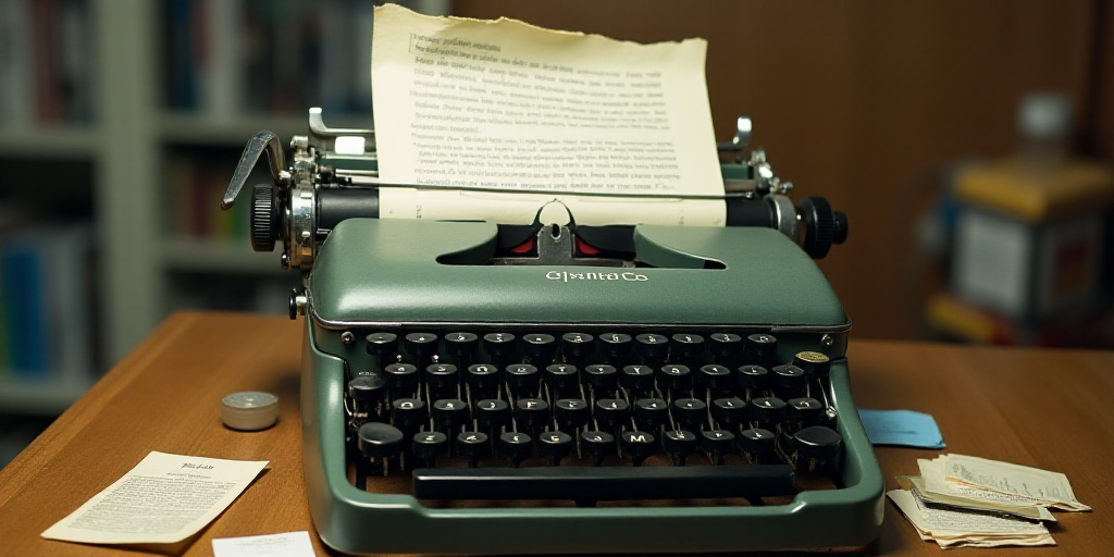 a typewriter with a lot of papers on it and a caption that says opinion on it in spanish, Edward Oth