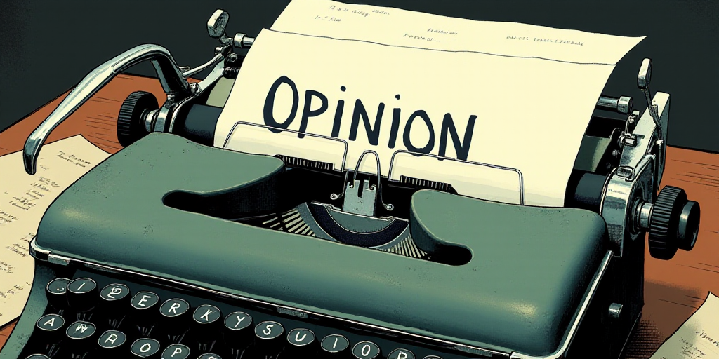 a typewriter with a lot of papers on it and the words opinion written in black and white on the top,