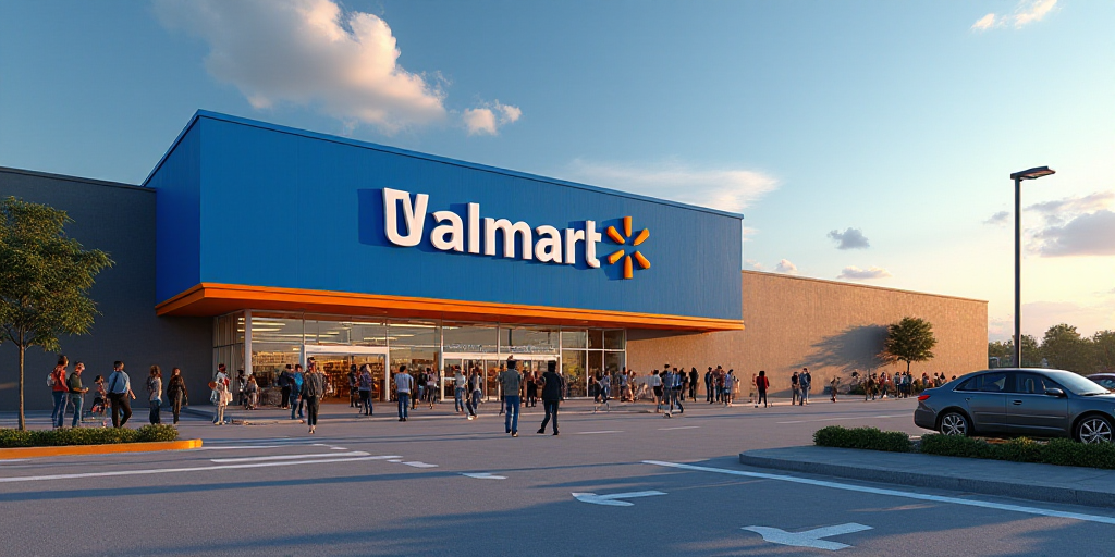 a walmart store with people walking around it and a sign that says walmart on the wall above the ent
