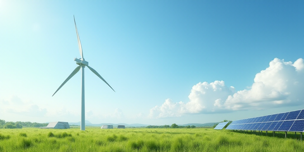 a wind turbine and solar panels in a field of grass with a blue sky and clouds in the background, É