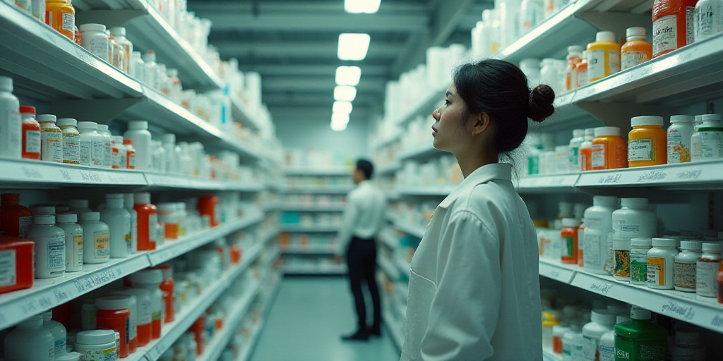 a woman in a pharmacy shop looking at a shelf of medicine bottles and other items on shelving units,