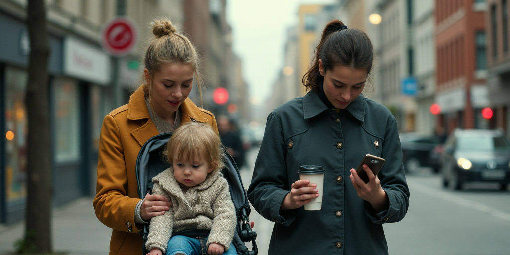 a woman is holding a child in a stroller and a man is holding a cell phone and a cup, Ada Gladys Kil
