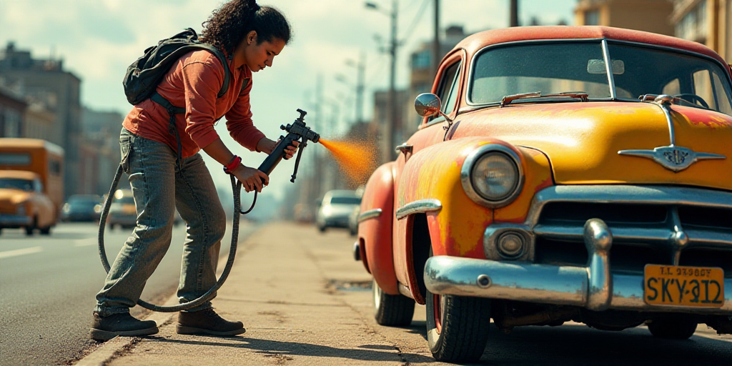 a woman is painting a car on the side of the road with a spray gun and a hose attached to it, Diego