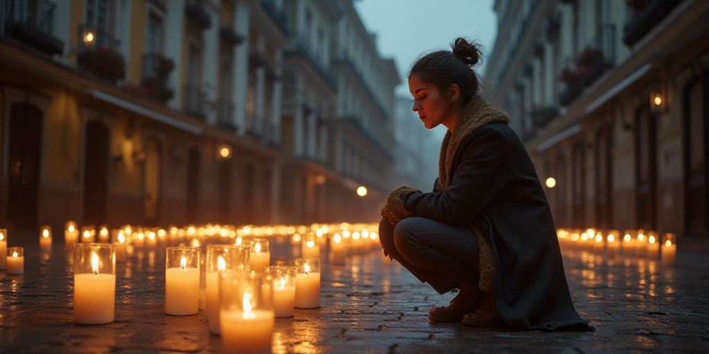 a woman kneeling down in front of a bunch of candles on the ground with a building in the background