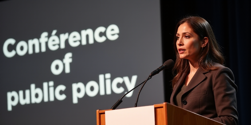 a woman standing at a podium with a microphone in front of her and a sign behind her that says confe