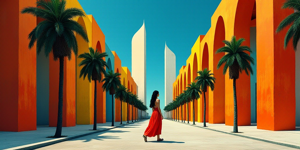 a woman walking down a street past tall buildings with palm trees in the foreground and a blue sky,