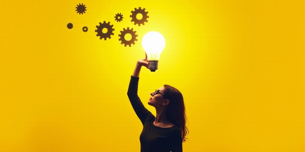 a woman with glasses holding a light bulb above her head and gears coming out of it to a yellow back