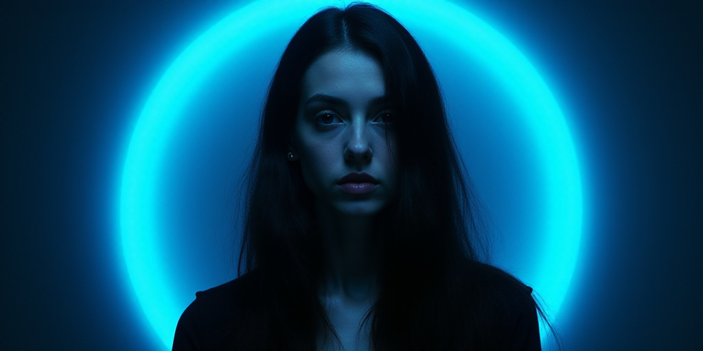 a woman with long hair and a blue circle around her is featured in a blue and black background with