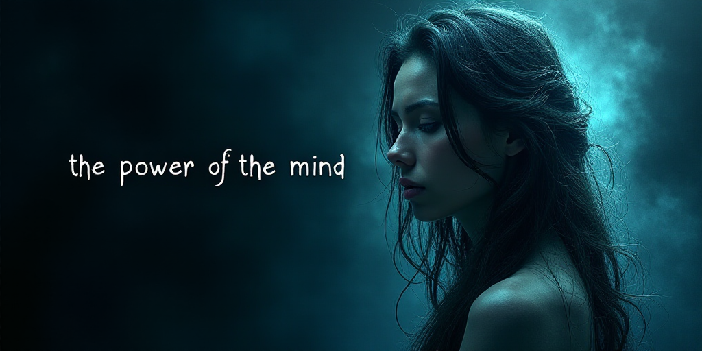 a woman with long hair and a black and blue background with the words,'the power of the mind ', Arac
