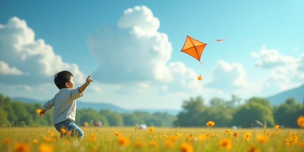 a young boy flying a kite in a field with trees in the background and a blue sky with clouds, Ding Y