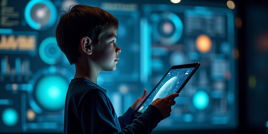 a young boy holding a tablet with a futuristic interface in the background of him and looking up at