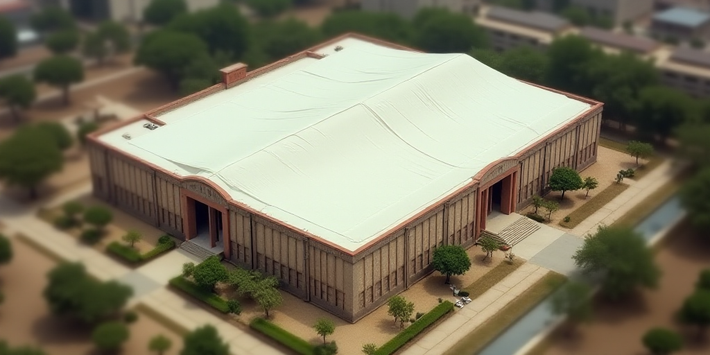 an aerial view of a large building with a large white sheet covering it's roof and surrounding it, D