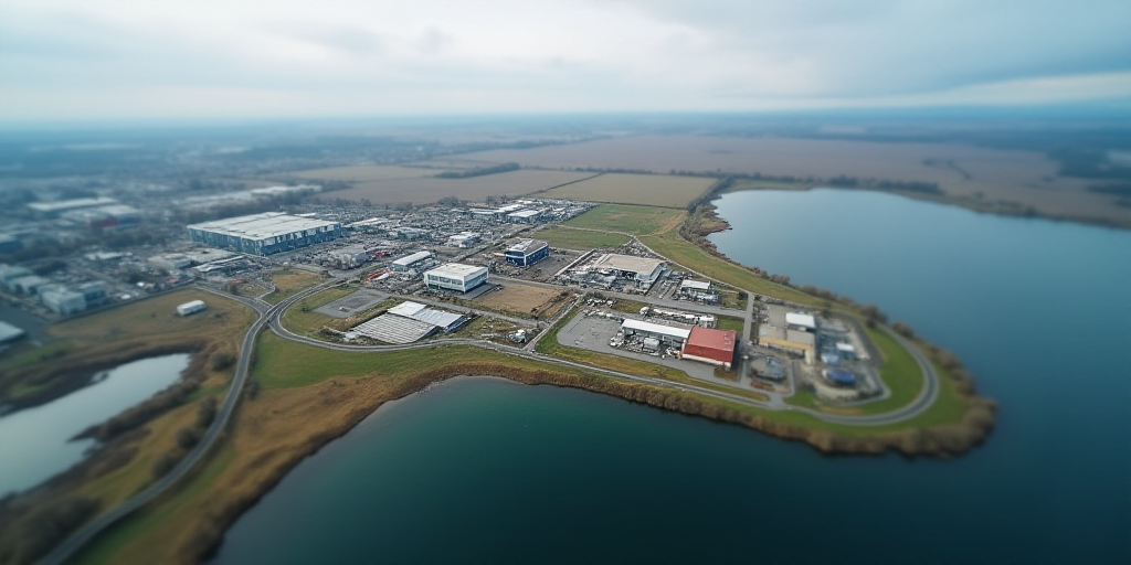 an aerial view of a large industrial area with a large body of water in the background and a large i