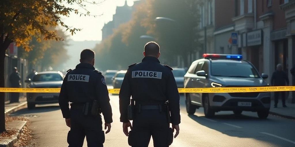 police officers standing in front of a corded off area with police tape on it and police cars in the
