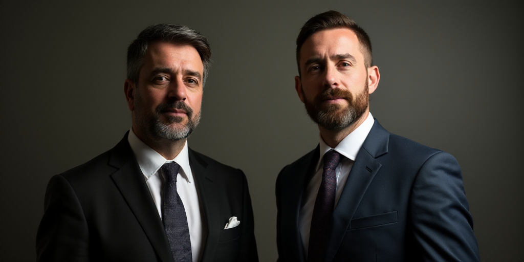 two men in suits and ties one is looking at the camera and the other is looking at the camera, Don A