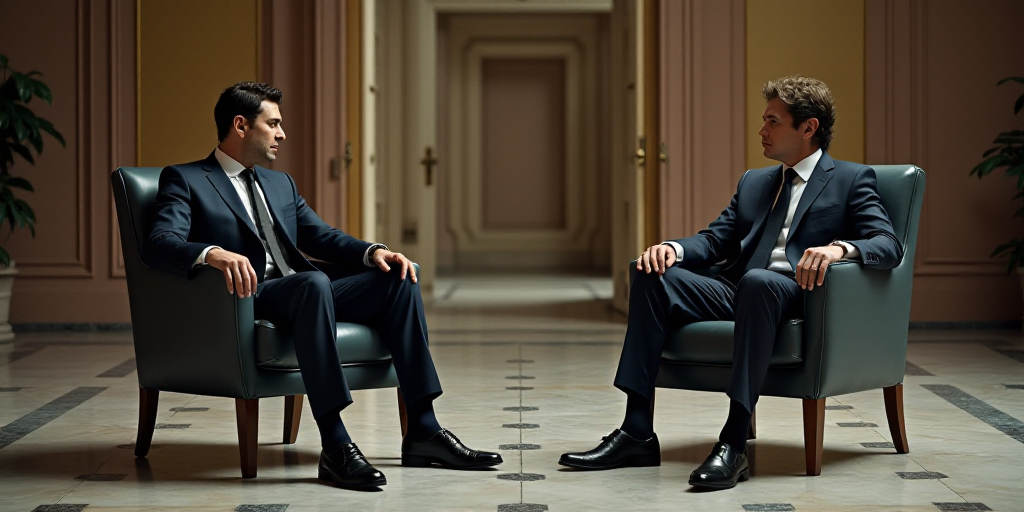 two men in suits sitting on chairs in a room with a marble floor and a large doorway in the backgrou