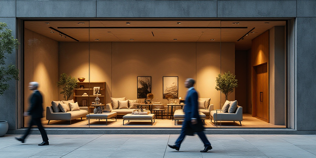 two people walking past a store front with a large window display of furniture and accessories on di