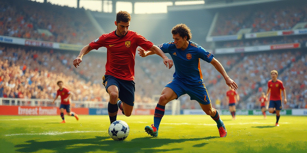 two soccer players are fighting for the ball during a game of soccer on a field with spectators in t