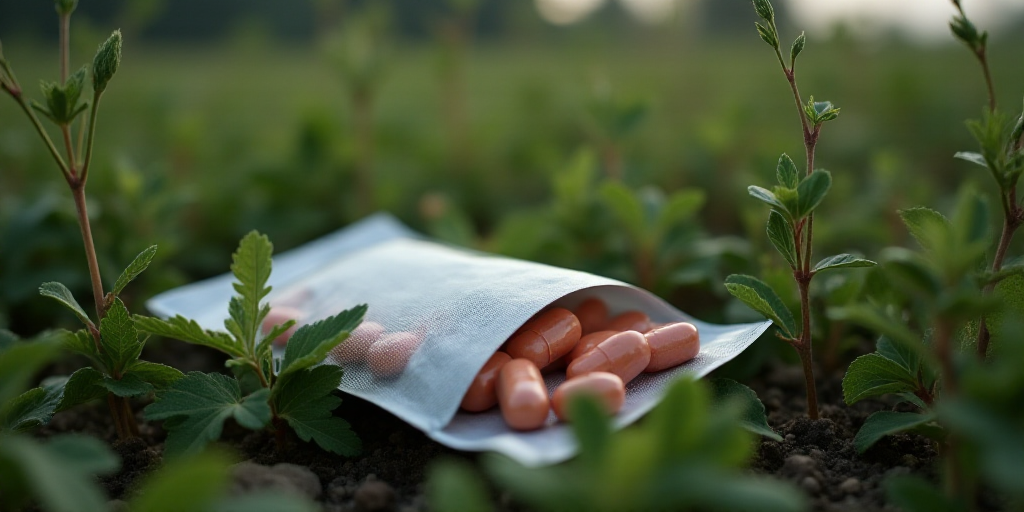 a bag of pills lies in a field of plants and weeds, with a bag of pills in the foreground, David Imm