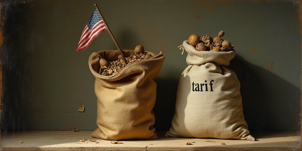 a bag with a flag on it and a sack with a bag of stuff in it with the word tarif written on it, Andr