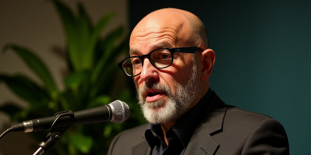 a bald man wearing glasses and a suit jacket is making a face while speaking into a microphone with