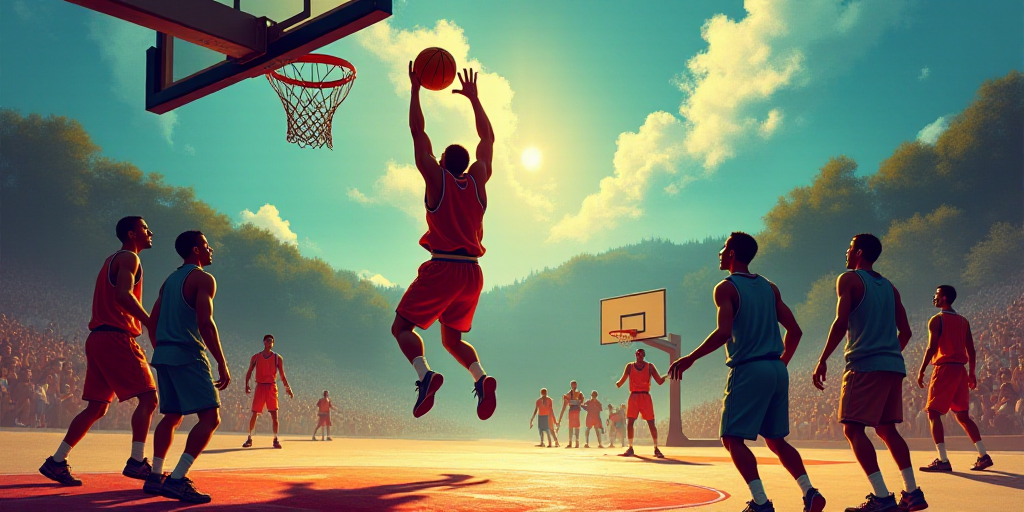 a basketball player is jumping up to dunk the ball in a game of basketball with other players watchi