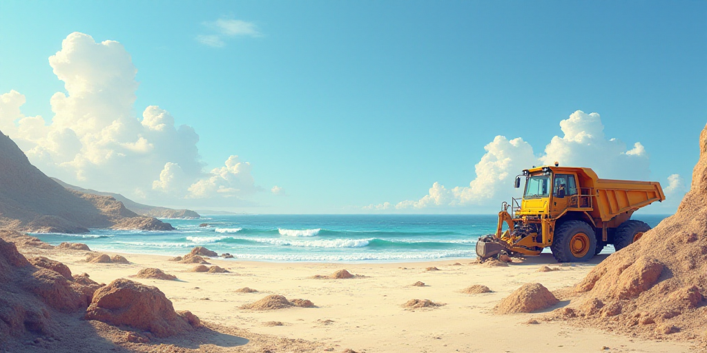 a beach with a construction site and a construction truck in the background and a construction area