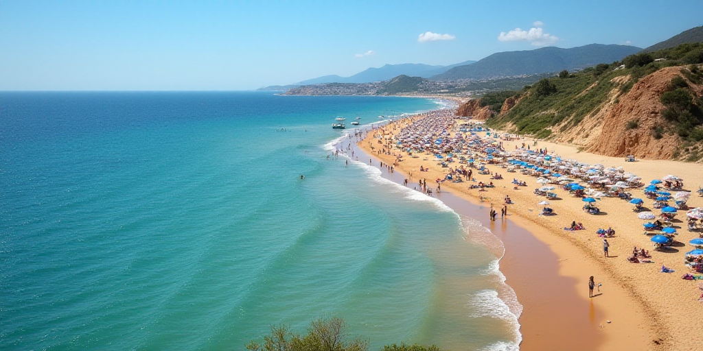a beach with a lot of people on it and some water and sand and some umbrellas and people in the wate