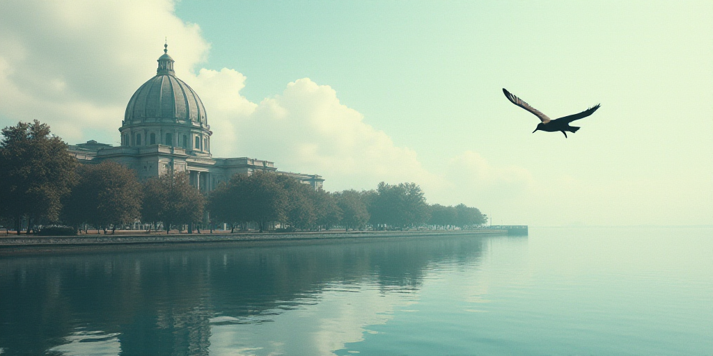 a bird flying over a body of water in front of a building with a dome on top of it, Dennis Ashbaugh,