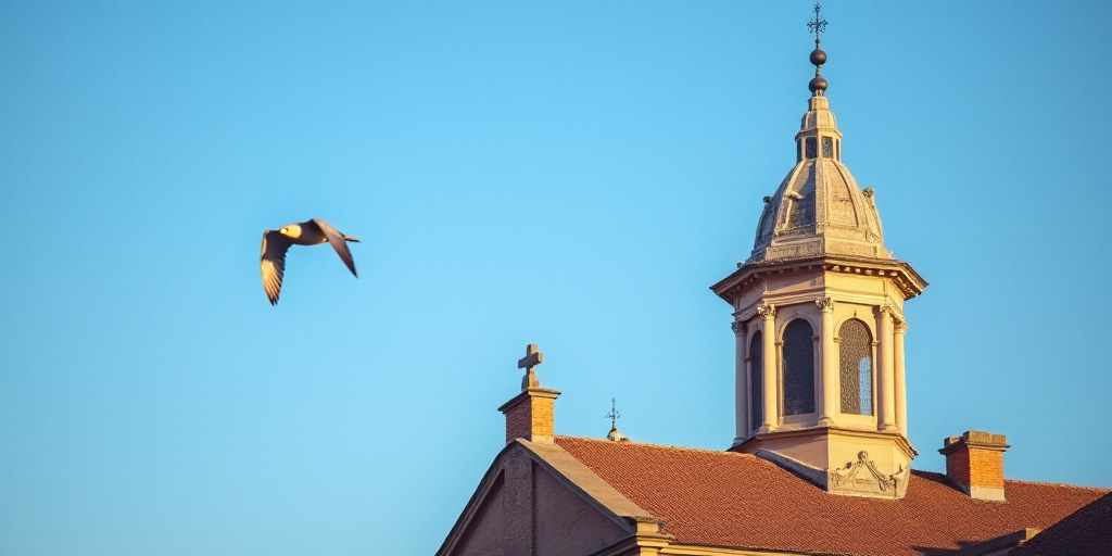 a bird flying over a building with a large building in the background and a blue sky in the foregrou