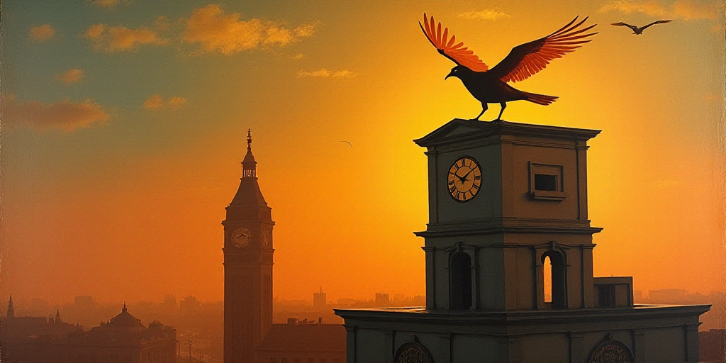 a bird flying over a tall building with a clock tower in the background at sunset or dawn with a bir