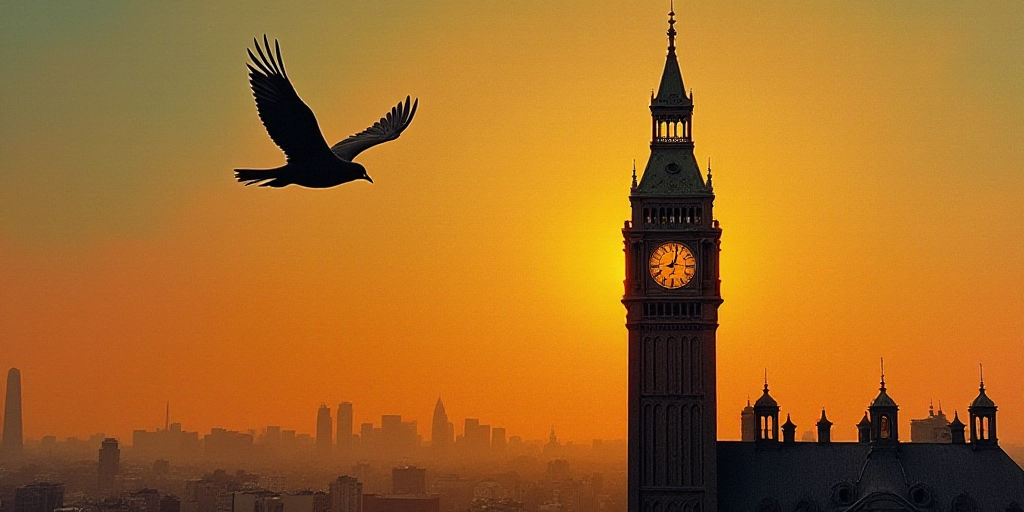 a bird flying over a tall building with a clock tower in the background at sunset or dawn with a bir