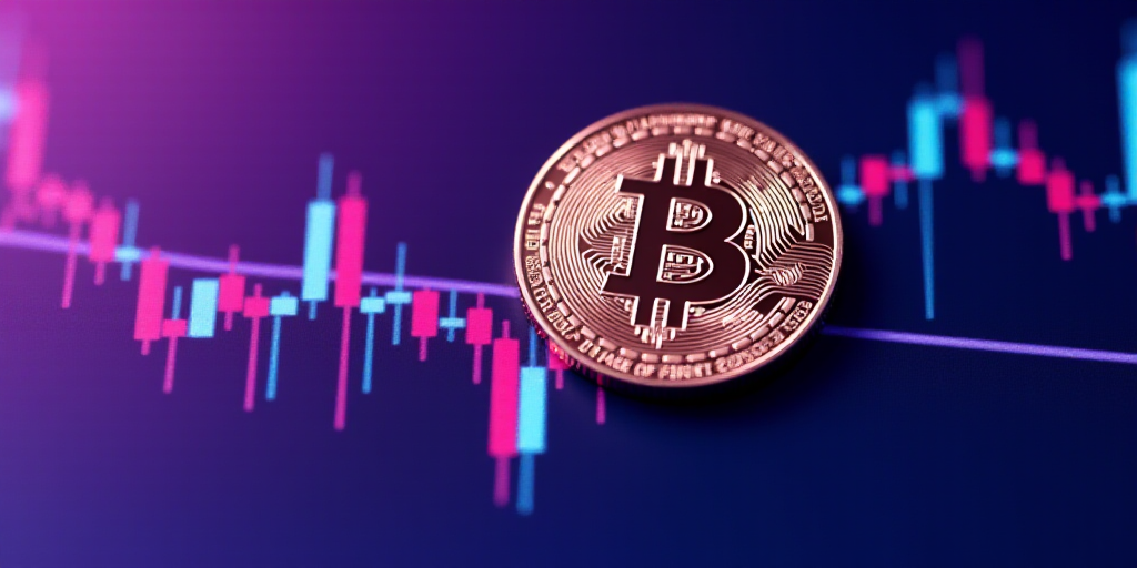 a bitcoin on a stock chart with a purple background and a blue and purple background with a line gra