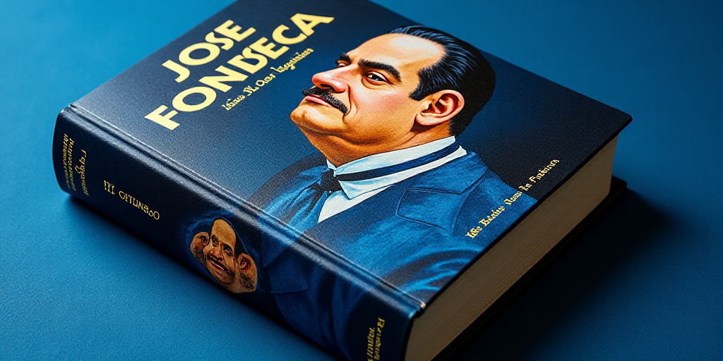 a blue and black book cover with a picture of jose fonseca on it and a black and blue background, Fe