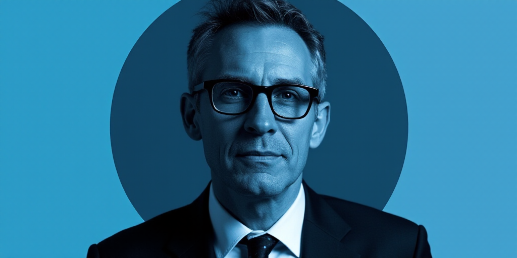 a blue and black photo of a man with glasses and a suit on, with the caption of a photo of a man in